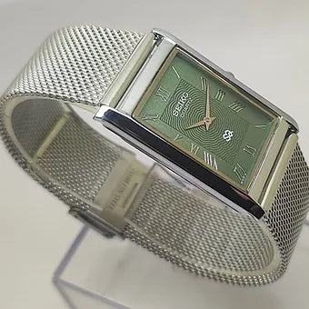 Seiko Slim Rectangular Quartz Green Face Mesh Band Men's Wrist Watch C68