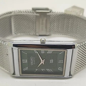 Seiko Slim Rectangular Quartz Green Face Mesh Band Men's Wrist Watch C68