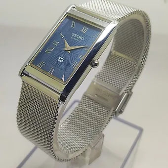 Seiko Slim Rectangular Quartz Blue Face Mesh Band Men's Wrist Watch C69