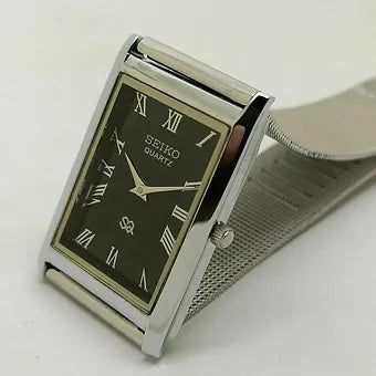 Seiko Slim Rectangular Quartz Black Face Mesh Band Men's Wrist Watch C70