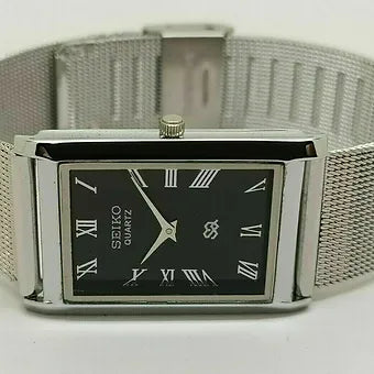 Seiko Slim Rectangular Quartz Black Face Mesh Band Men's Wrist Watch C70