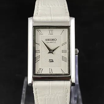 Seiko Slim Rectangular Quartz White Face White Band Men's Wrist Watch C75