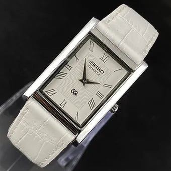 Seiko Slim Rectangular Quartz White Face White Band Men's Wrist Watch C75