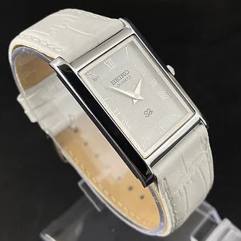 Seiko Slim Rectangular Quartz White Face White Band Men's Wrist Watch C75