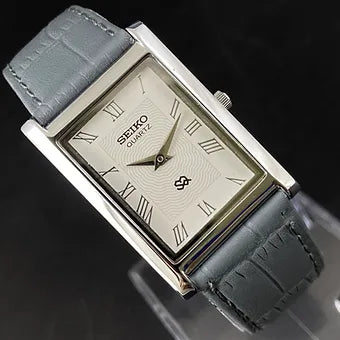 Seiko Slim Rectangular Quartz White Face Gray Band Men's Wrist Watch C76
