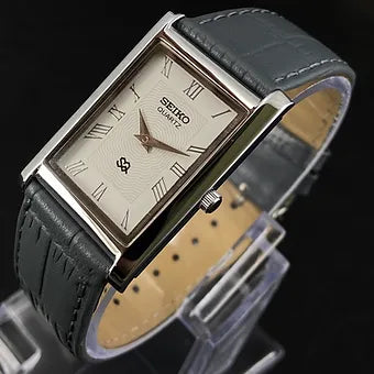 Seiko Slim Rectangular Quartz White Face Gray Band Men's Wrist Watch C76