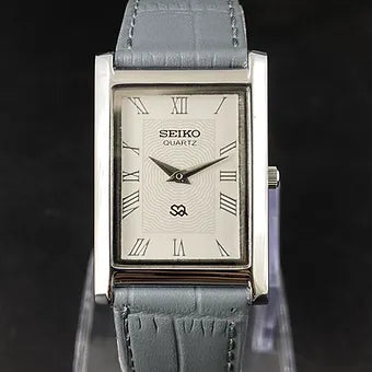 Seiko Slim Rectangular Quartz White Face Gray Band Men's Wrist Watch C76