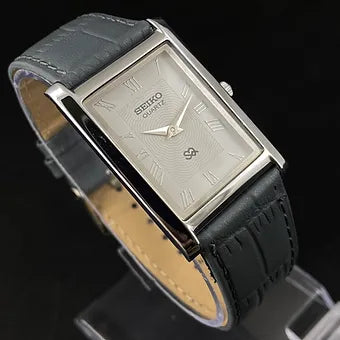 Seiko Slim Rectangular Quartz White Face Gray Band Men's Wrist Watch C76