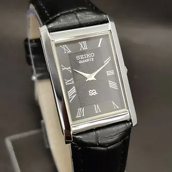 Seiko Slim Rectangular Quartz Black Face Black Band Men's Wrist Watch C77
