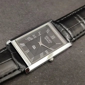 Seiko Slim Rectangular Quartz Black Face Black Band Men's Wrist Watch C77