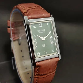 MOD Seiko Slim Rectangular Quartz Green Face Brown Band Men's Wrist Watch C78