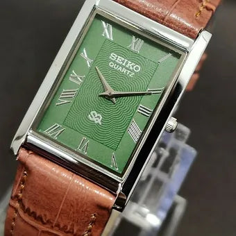 Seiko Slim Rectangular Quartz Green Face Brown Band Men's Wrist Watch C78
