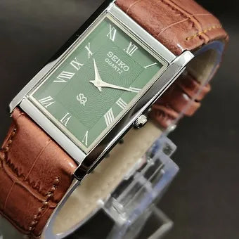 Seiko Slim Rectangular Quartz Green Face Brown Band Men's Wrist Watch C78