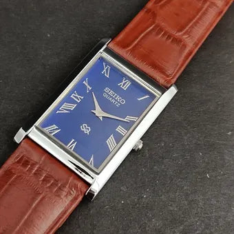 Seiko Slim Rectangular Quartz Blue Face Brown Band Men's Wrist Watch C79