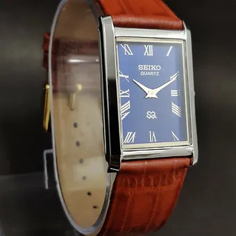 Seiko Slim Rectangular Quartz Blue Face Brown Band Men's Wrist Watch C79