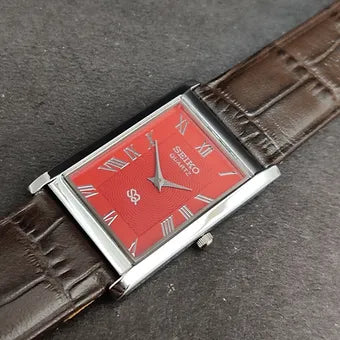 Seiko Slim Rectangular Quartz Red Face Brown Band Men's Wrist Watch C80