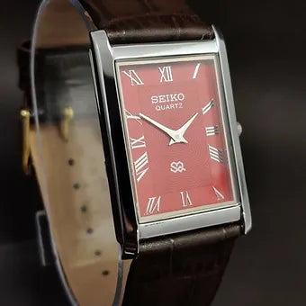 Seiko Slim Rectangular Quartz Red Face Brown Band Men's Wrist Watch C80