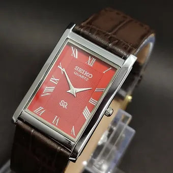 Seiko Slim Rectangular Quartz Red Face Brown Band Men's Wrist Watch C80