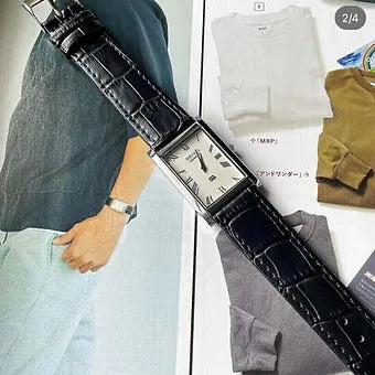 MOD Seiko Slim Rectangular Quartz White Face Black Band Men's Wrist Watch C81