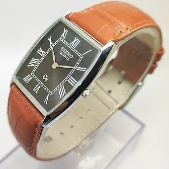 MOD Seiko Slim Barrel Quartz Black Face Brown Band Men's Wrist Watch C86
