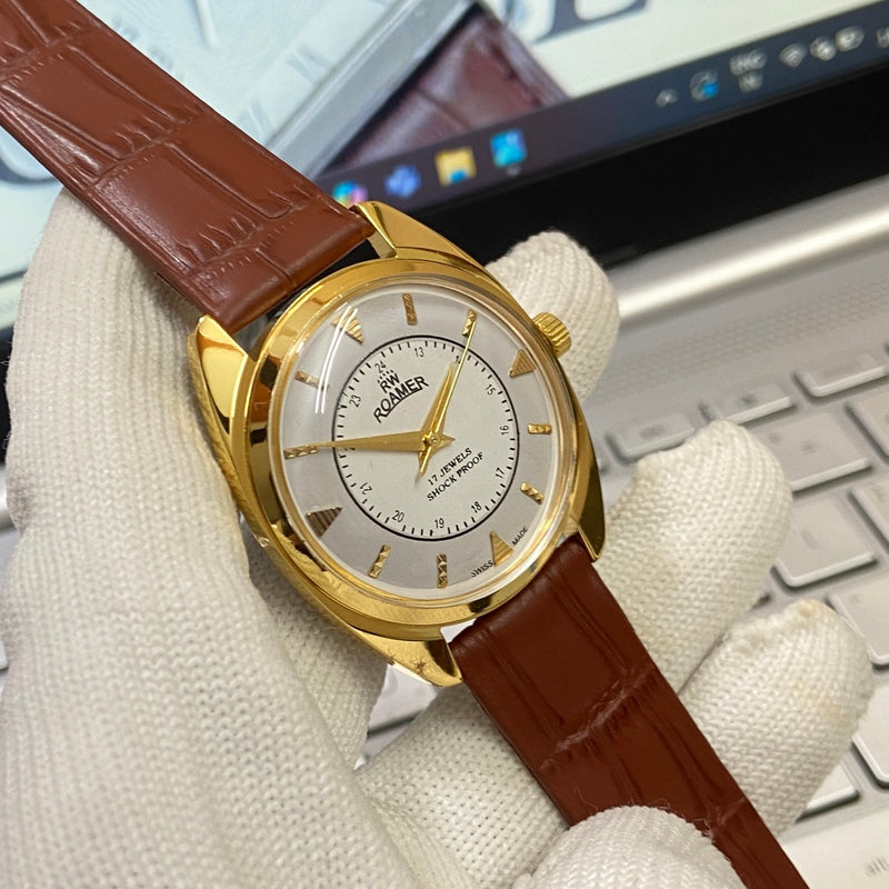 Vintage Mod Roamer white Face Golden Case Mechanical Hand Winding 17 jewels Brown Leather Strap Men's Wrist Watch D69