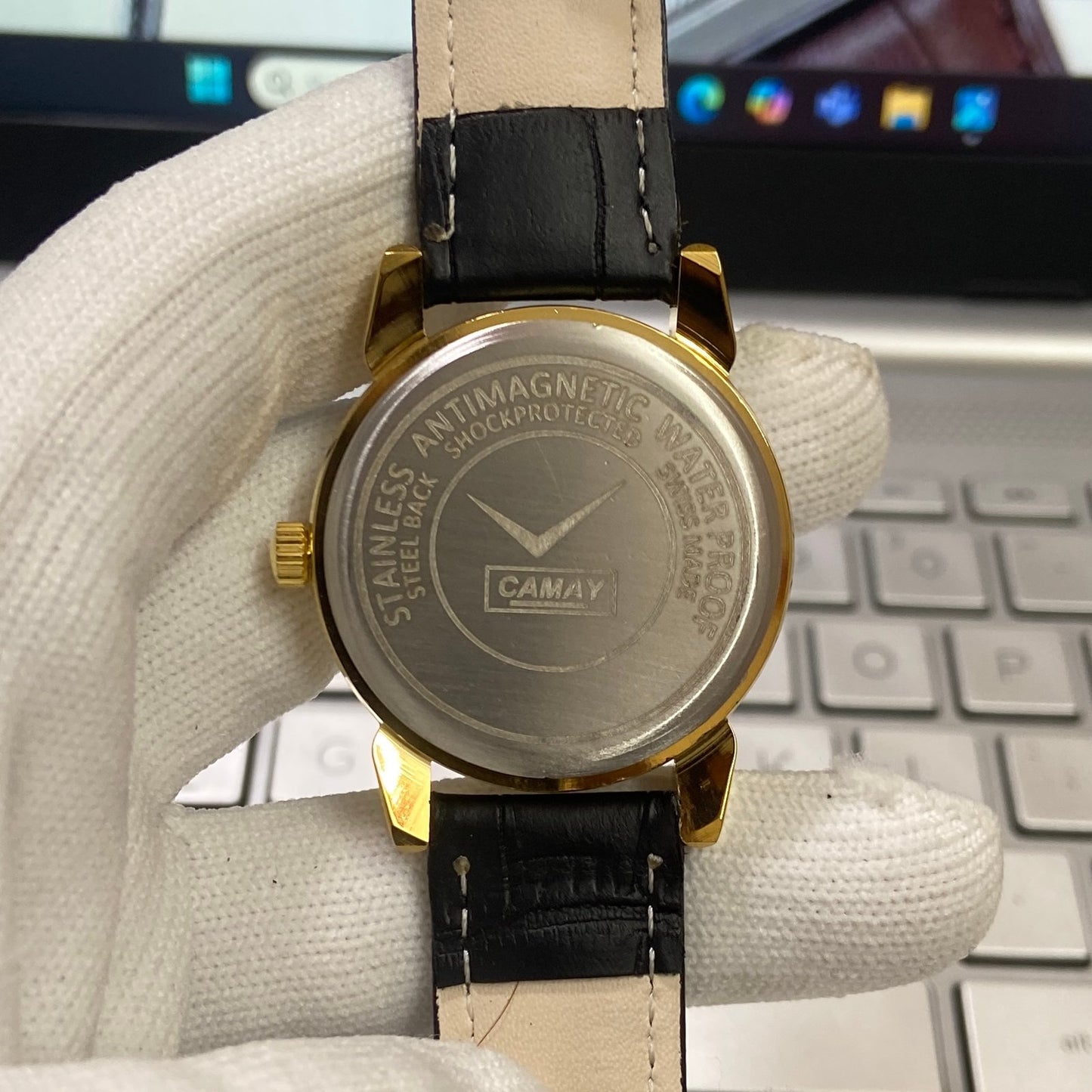 Vintage Camy Silver Face Golden Case Mechanical Hand Winding 17 jewels Black Leather Strap Men's Wrist Watch D72