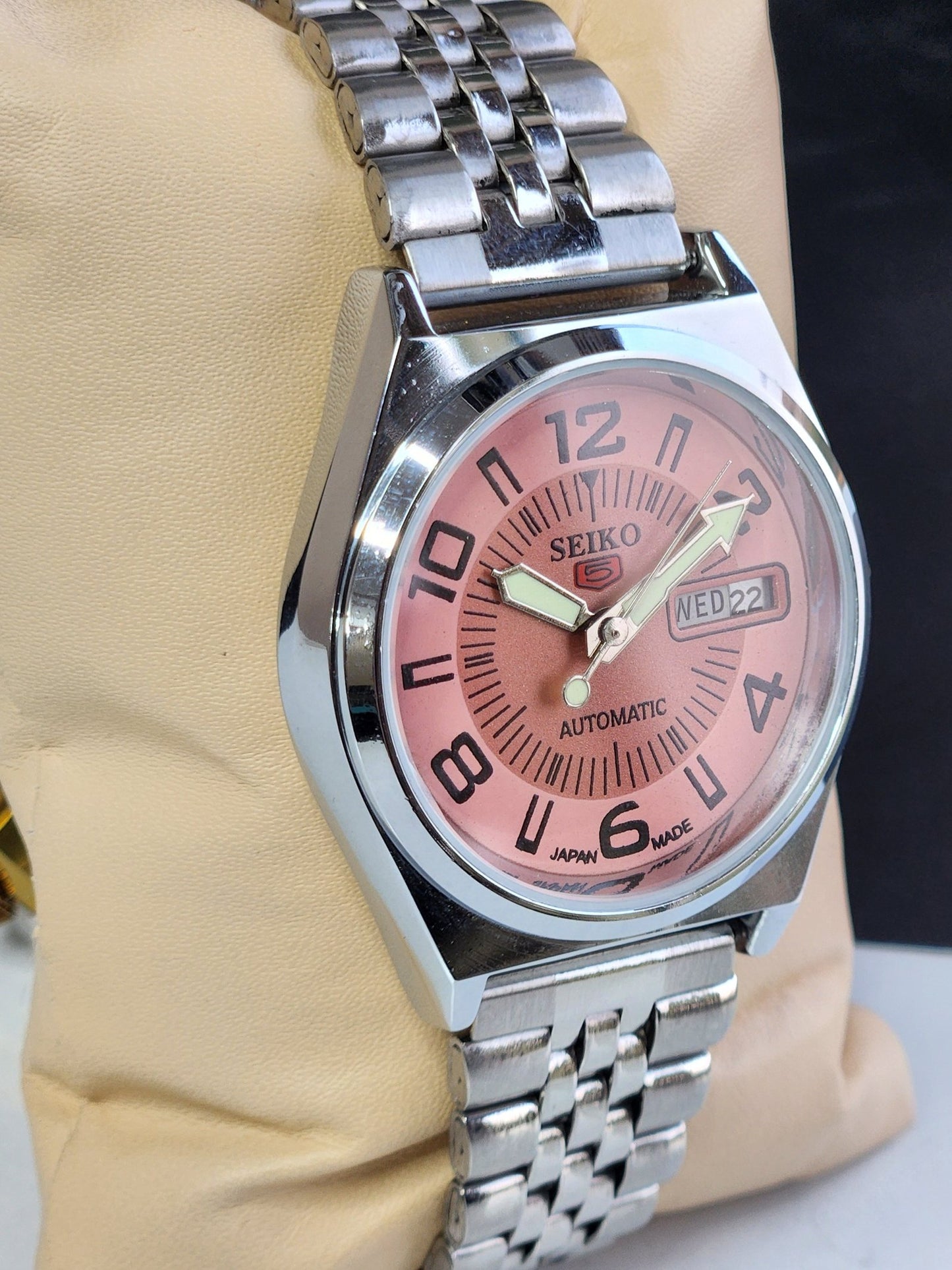 Vintage Mod Seiko 5 Automatic 6309A 17 Jewels Japan Men's Day-Date Copper Face Wrist Watch E12