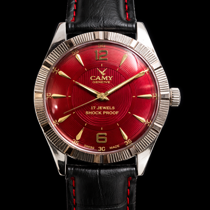 Vintage Mod Camy Red Face Silver Case Mechanical Hand Winding 17 jewels Fluted Bezel Black Band Men's Wrist Watch D91