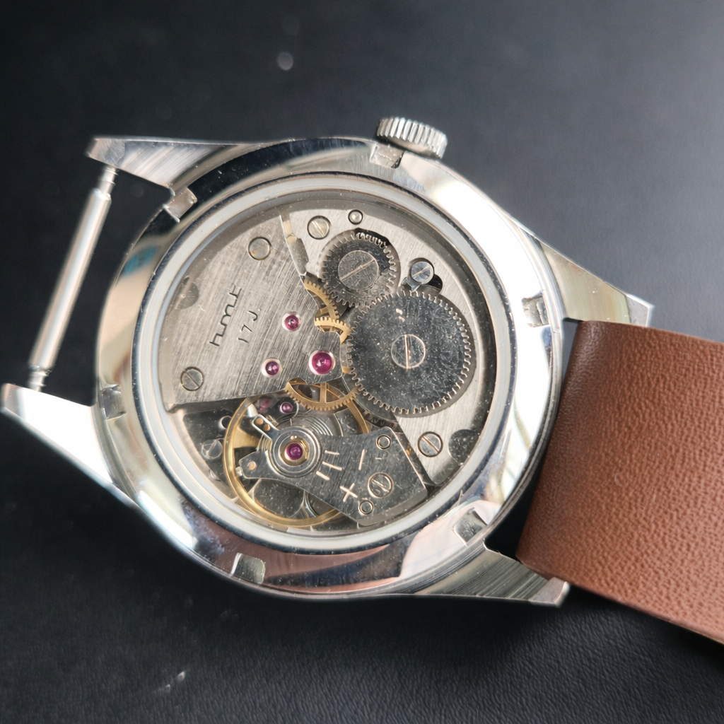 Vintage MOD HMT Janata Hand Winding 17 Jewels Silver Face Tan Leather Nato Strap Men's Wrist Watch J0014