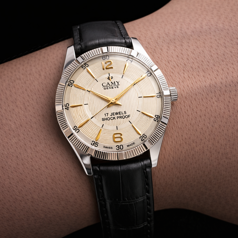 Vintage Mod Camy Silver Face Silver Case Mechanical Hand Winding 17 jewels Fluted Bezel Black Band Men's Wrist Watch D92