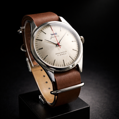 Vintage MOD HMT Janata Hand Winding 17 Jewels Silver Face Tan Leather  Nato Strap Men's Wrist Watch J0014