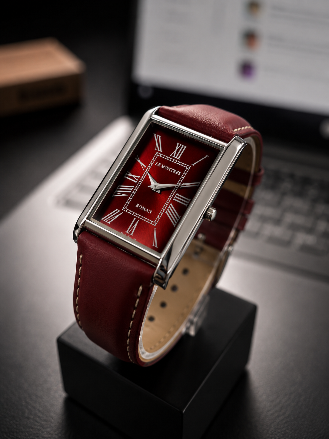 New Le Montres Classic Tank Quartz Men's Watch Maroon Roman Dial 26mm Silver LM09