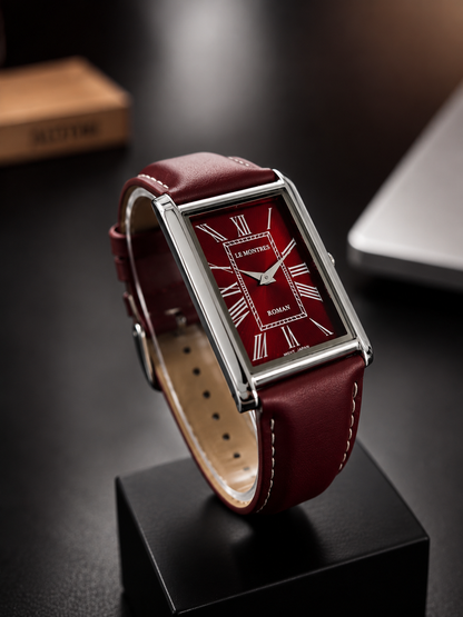 New Le Montres Classic Tank Quartz Men's Watch Maroon Roman Dial 26mm Silver LM09
