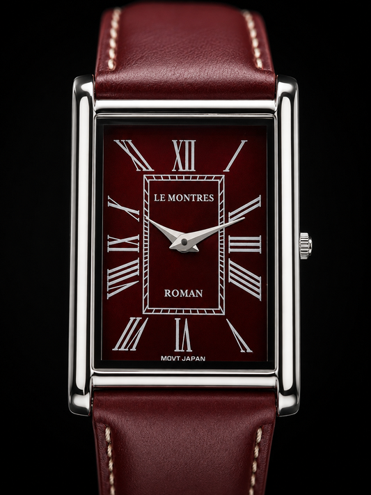 New Le Montres Classic Tank Quartz Men's Watch Maroon Roman Dial 26mm Silver LM09