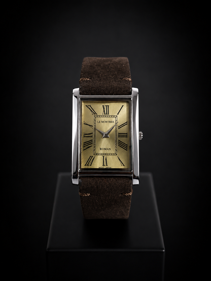 New Le Montres Classic Tank Quartz Men's Watch Gold Roman Dial 26mm Silver Case LM13