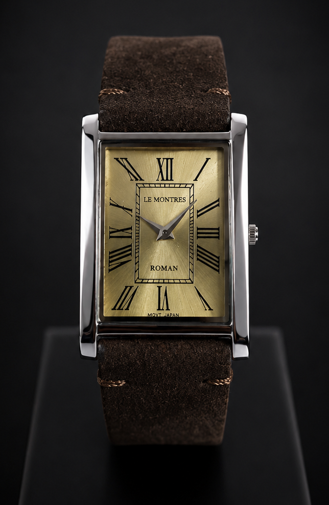 New Le Montres Classic Tank Quartz Men's Watch Gold Roman Dial 26mm Silver Case LM13