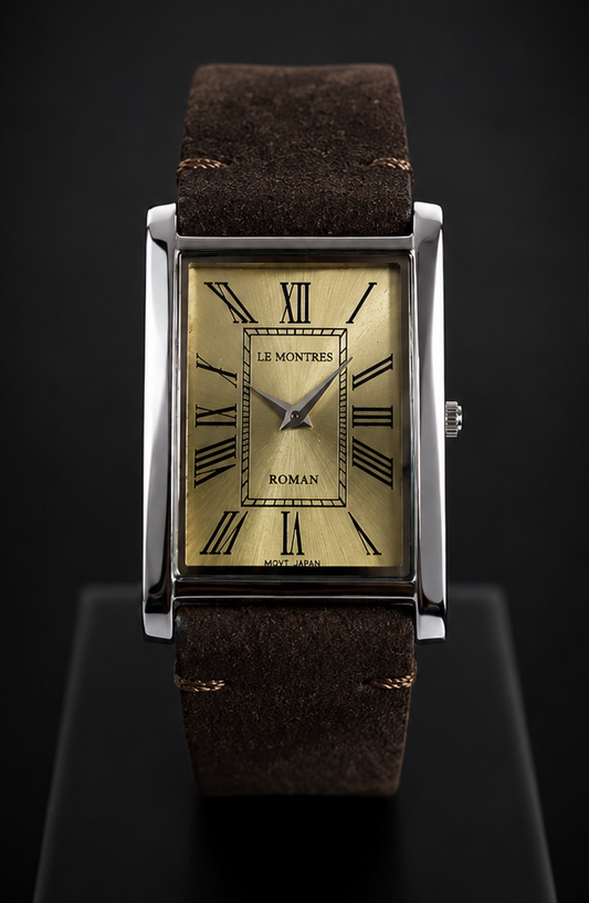New Le Montres Classic Tank Quartz Men's Watch Gold Roman Dial 26mm Silver Case LM13