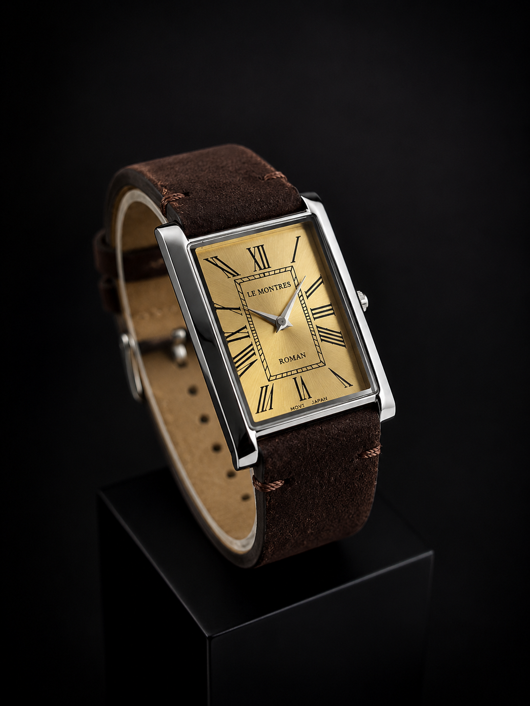 New Le Montres Classic Tank Quartz Men's Watch Gold Roman Dial 26mm Silver Case LM13