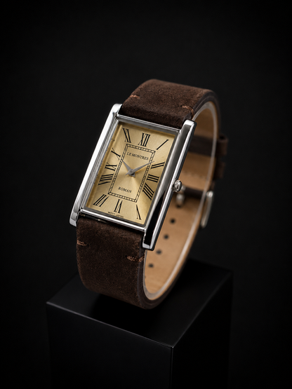 New Le Montres Classic Tank Quartz Men's Watch Gold Roman Dial 26mm Silver Case LM13