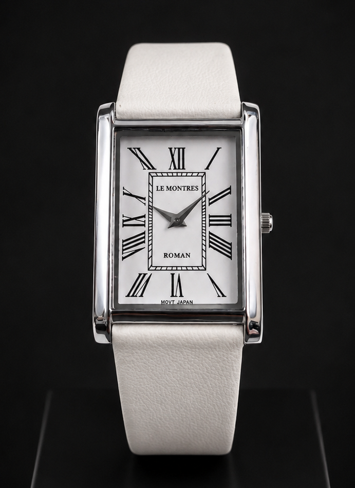 New Le Montres Classic Tank Quartz Men's Watch White Roman Dial 26mm Silver Case LM12