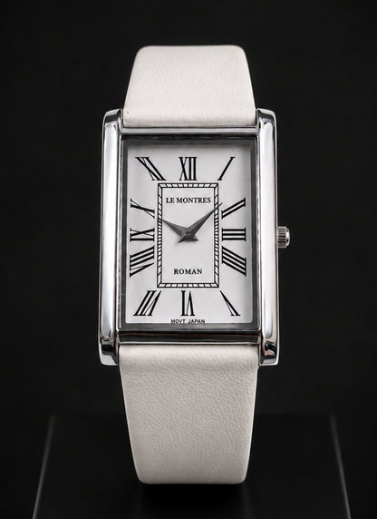 New Le Montres Classic Tank Quartz Men's Watch White Roman Dial 26mm Silver Case LM12