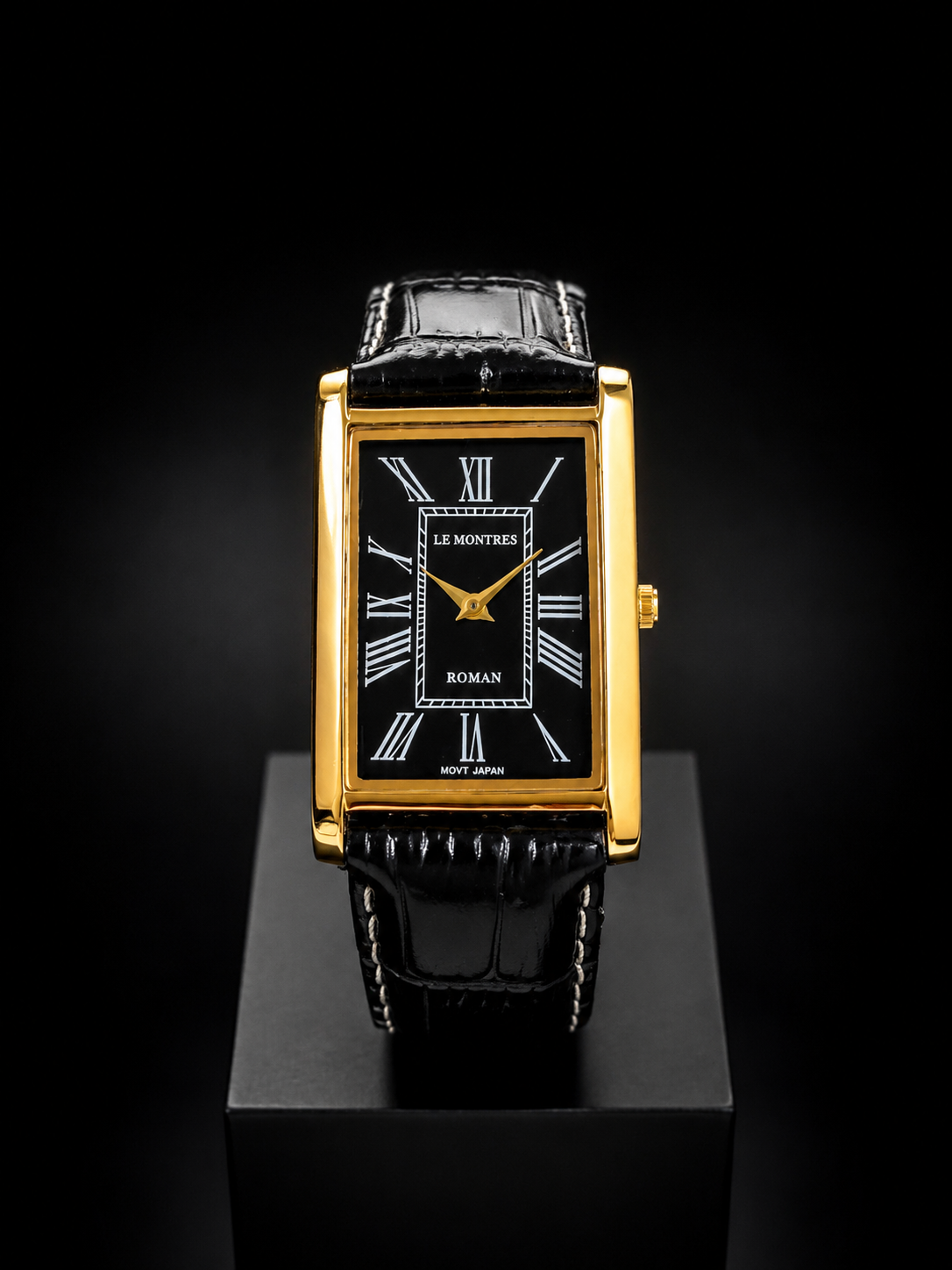 New Le Montres Classic Tank Quartz Men's Watch Black Roman Dial 26mm Gold Case LM11