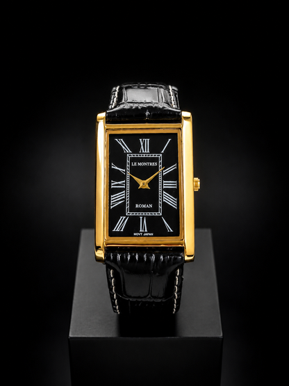 New Le Montres Classic Tank Quartz Men's Watch Black Roman Dial 26mm Gold Case LM11