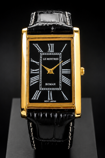 New Le Montres Classic Tank Quartz Men's Watch Black Roman Dial 26mm Gold Case LM11