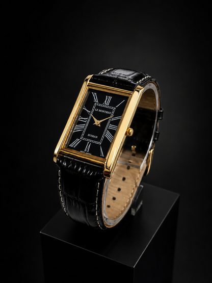 New Le Montres Classic Tank Quartz Men's Watch Black Roman Dial 26mm Gold Case LM11