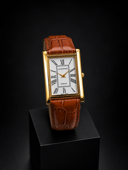 New Le Montres Classic Tank Quartz Men's Watch White Roman Dial 26mm Gold Case LM10