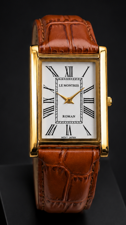 New Le Montres Classic Tank Quartz Men's Watch White Roman Dial 26mm Gold Case LM10