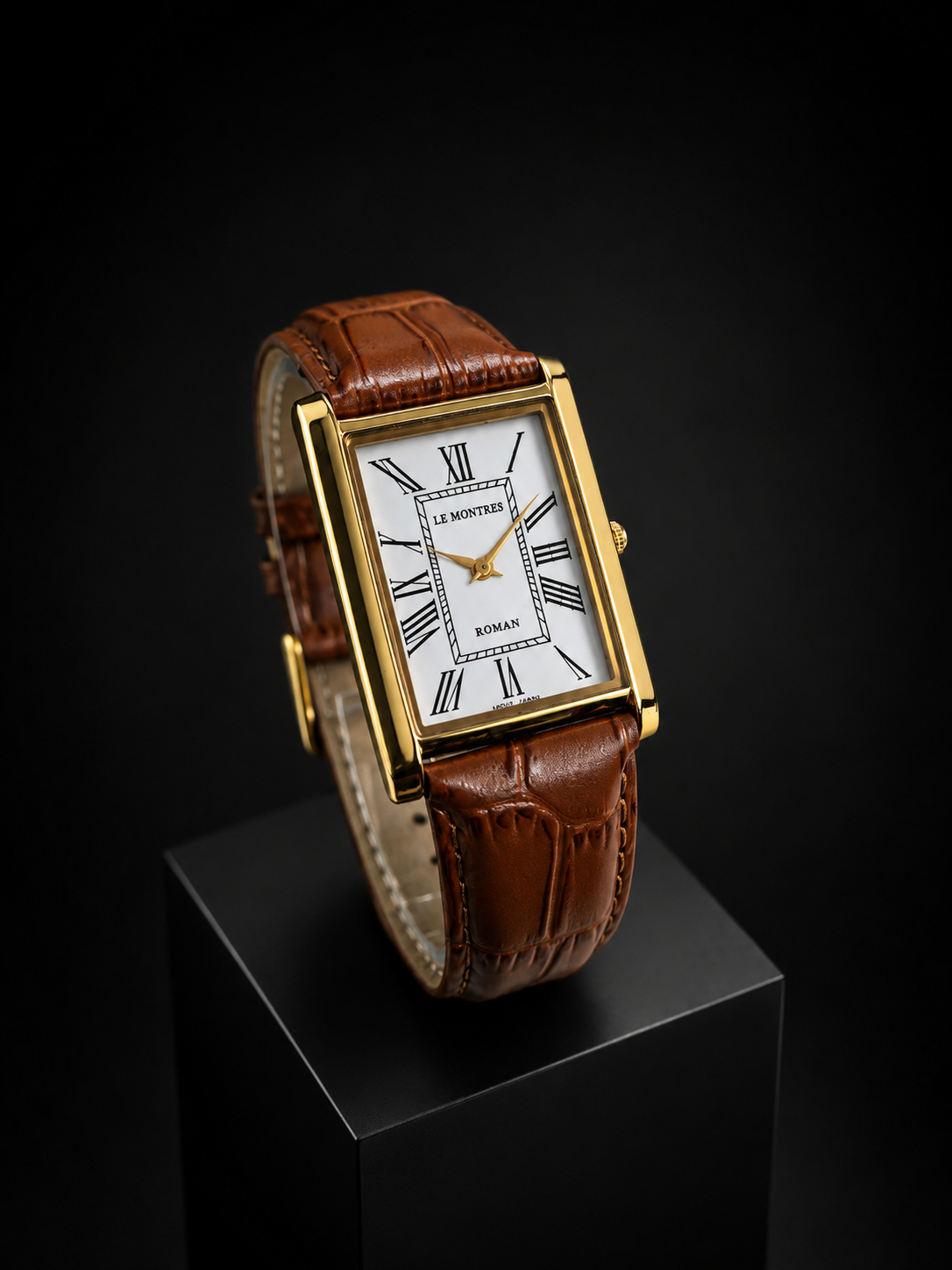 New Le Montres Classic Tank Quartz Men's Watch White Roman Dial 26mm Gold Case LM10