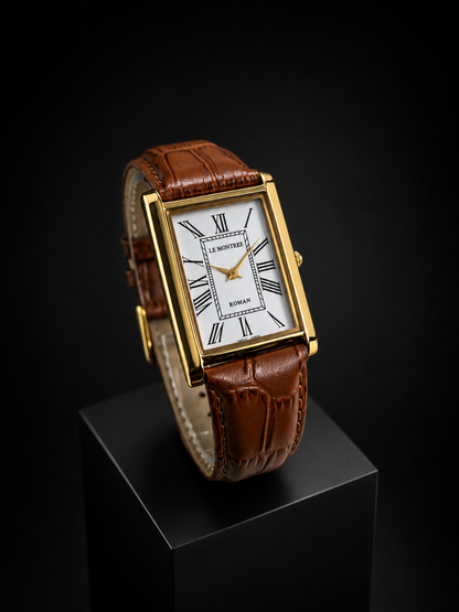 New Le Montres Classic Tank Quartz Men's Watch White Roman Dial 26mm Gold Case LM10