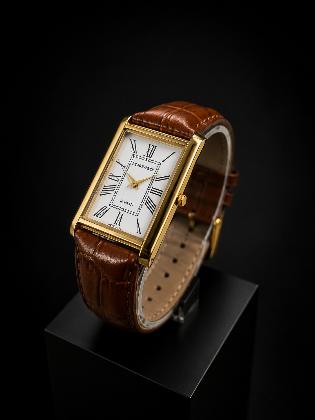 New Le Montres Classic Tank Quartz Men's Watch White Roman Dial 26mm Gold Case LM10